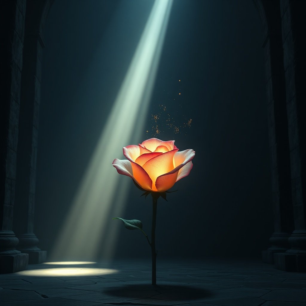 A glowing ethereal rose representing Venus in the 12th house